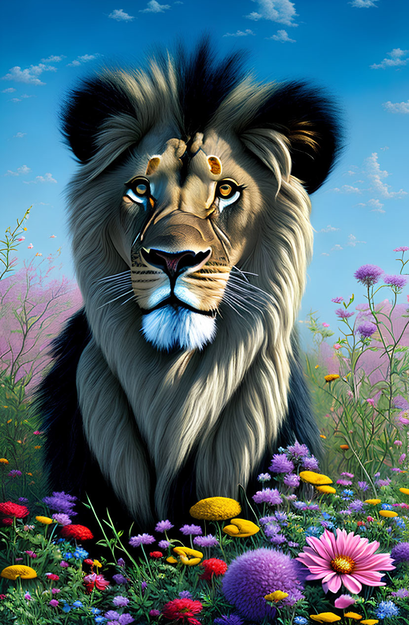 Detailed illustration of majestic lion in colorful wildflower meadow