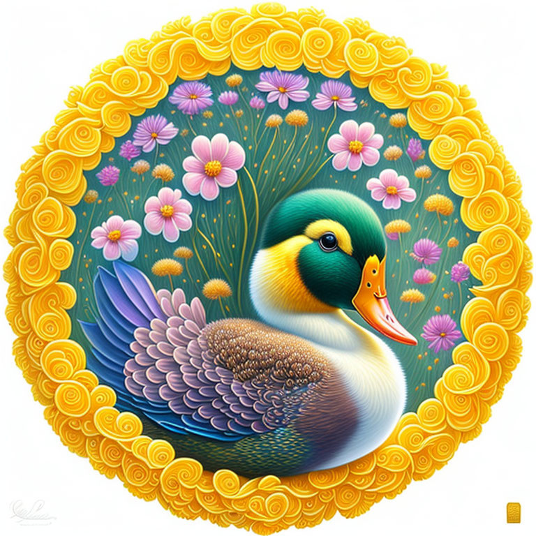 Detailed Hyperrealistic Duck Illustration in Ornate Circular Frame