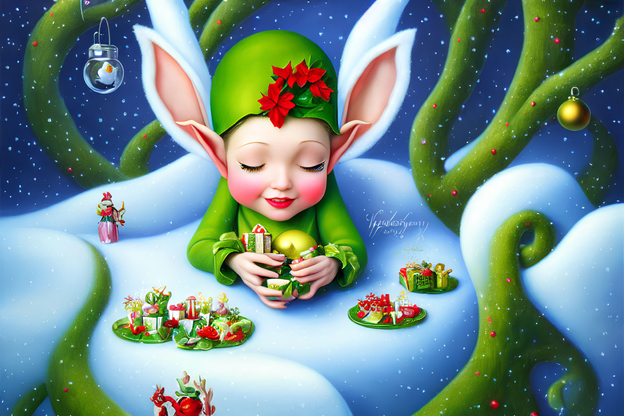 Illustrated elf with large ears holding Christmas gift in snowy scene