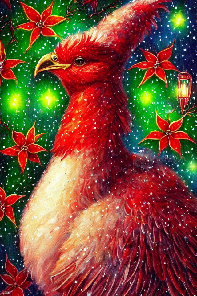 Colorful illustration of red bird with crest in snowy scene