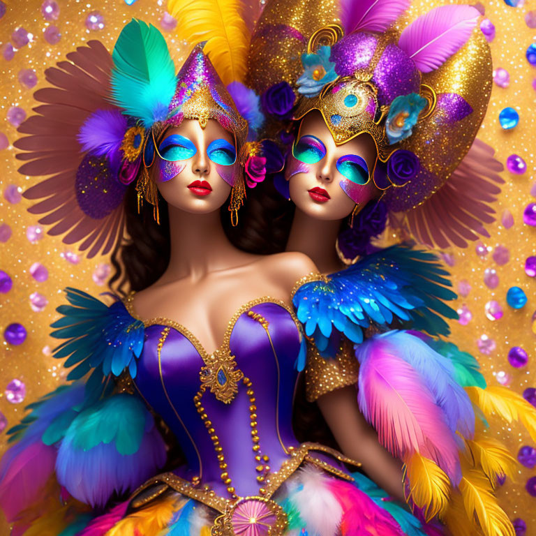 Vibrant Carnival masks and feathered costumes on two women at a masquerade