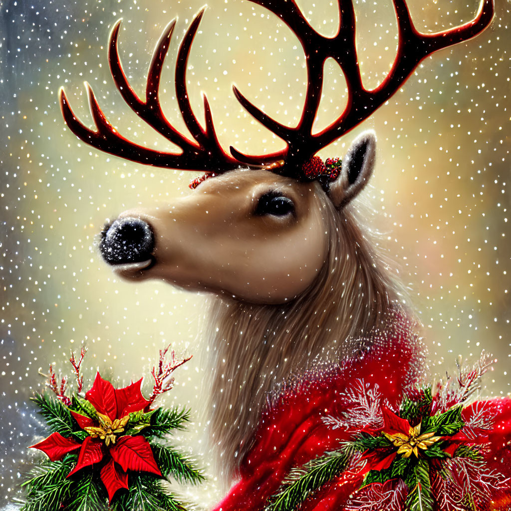 Reindeer with red scarf and holly in snowfall scene