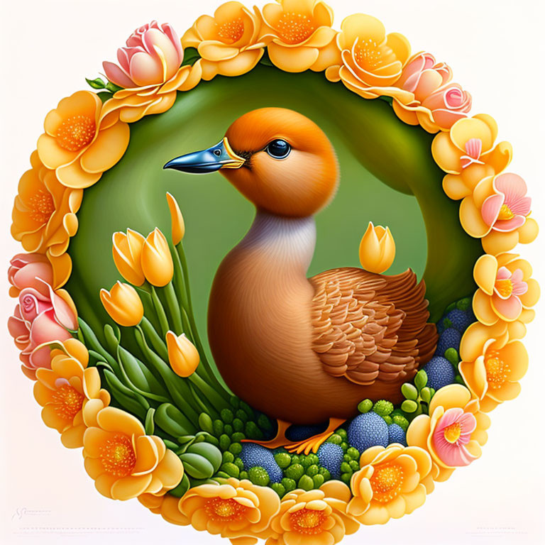 Colorful Duck Illustration Surrounded by Floral Frame