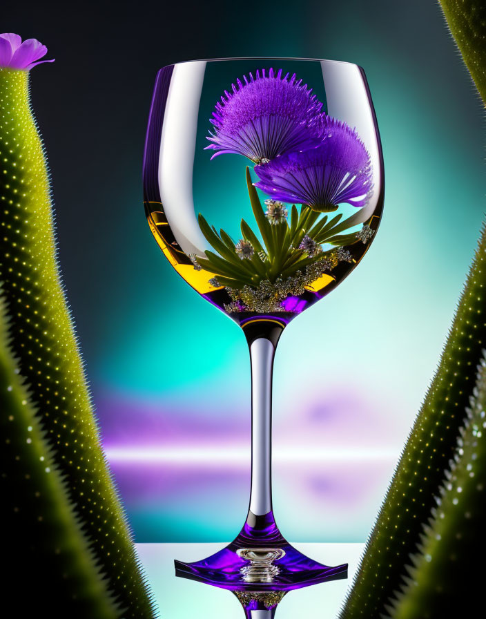 Purple Stem Wine Glass with Surreal Desert Flora on Turquoise Gradient