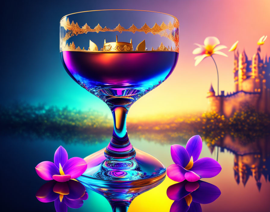 Vibrant image of wine glass with golden details, purple flowers, and castle backdrop