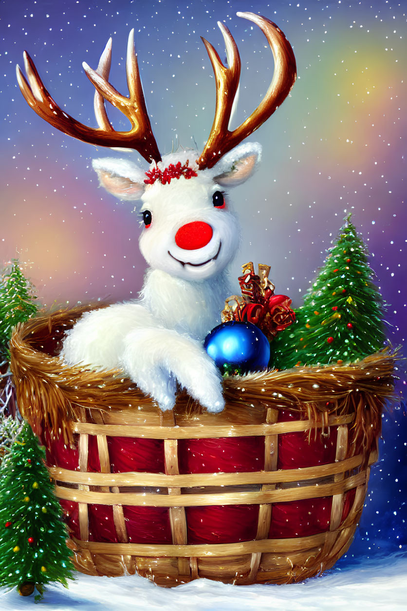 Cheerful reindeer in wicker basket with red nose and ornament among snow-covered trees