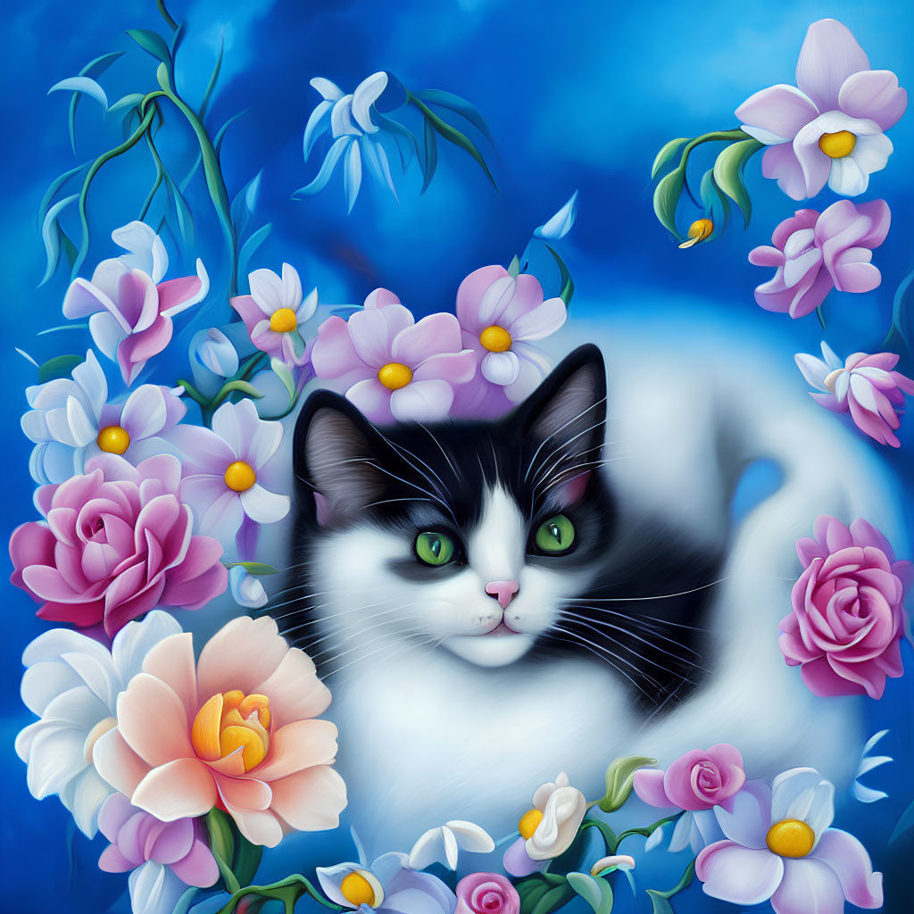 Whimsical black and white cat with colorful flowers on blue background