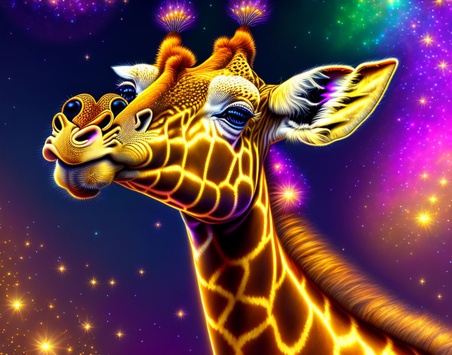 Colorful Cartoon Giraffe Illustration in Starry Night Sky