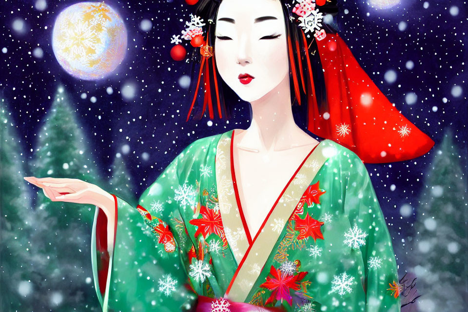 Traditional Japanese woman in green kimono surrounded by snowflakes and pine trees with glowing orb.