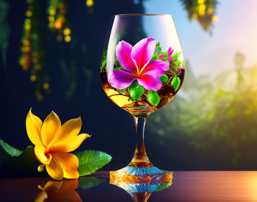 Colorful Tropical Scene Reflected on Wine Glass Amid Lush Foliage and Sunset