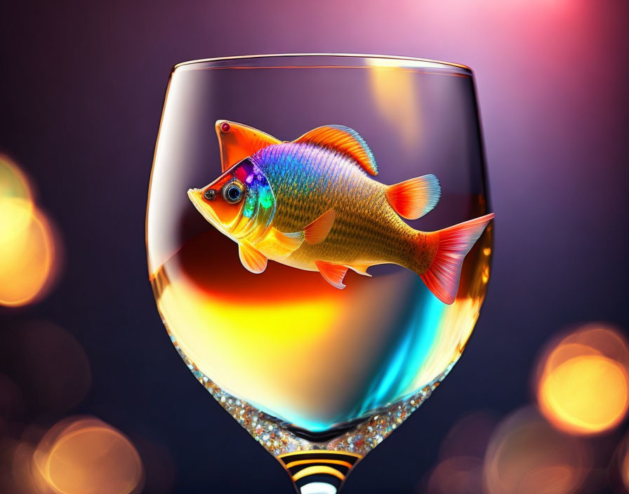 Vivid fish swimming in colorful wine glass with gradient liquid