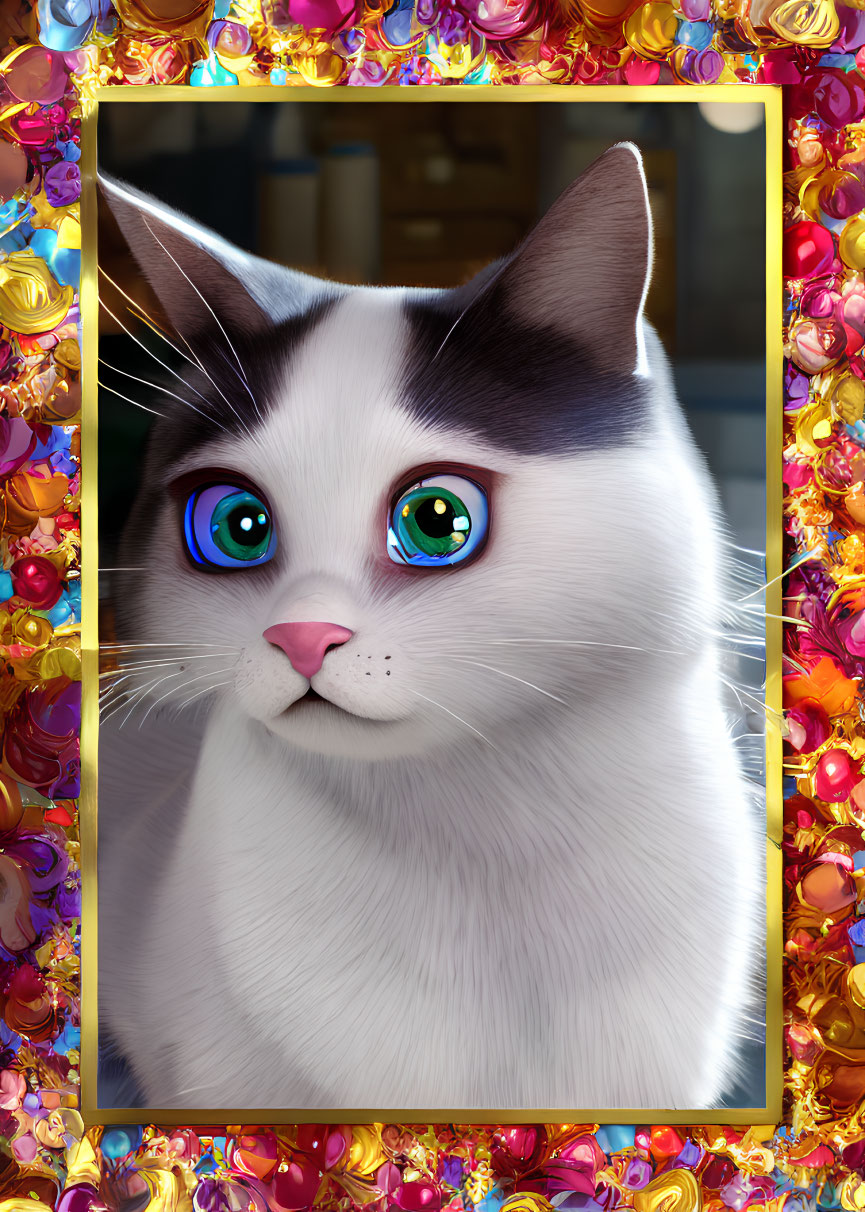 Stylized cat with vibrant blue eyes and decorative border.