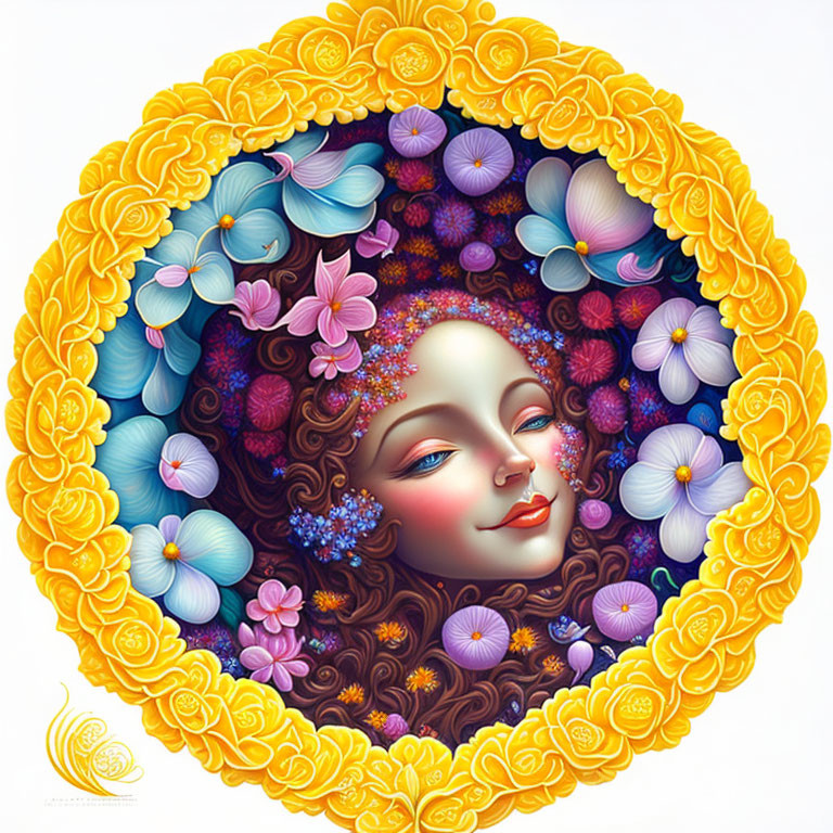 Vibrant flower frame around woman's face in colorful illustration