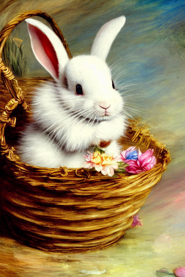 White Rabbit with Pink Ears in Flower-Adorned Basket