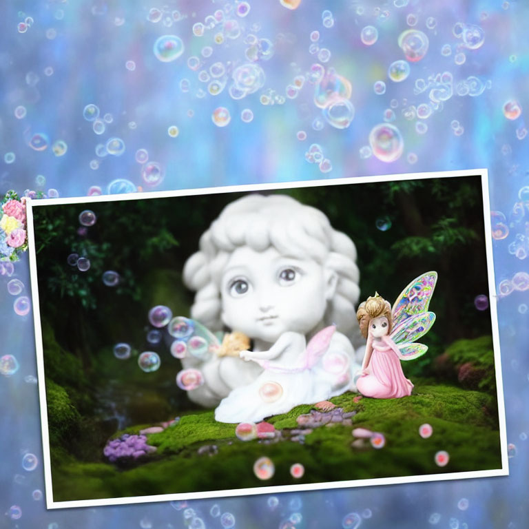 Whimsical fairy with colorful wings near cherubic face statue amid bubbles and greenery