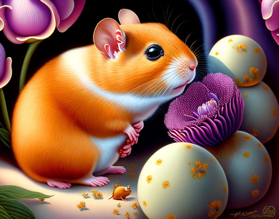 Vivid Oversized Hamster with Miniature Version, Purple Flowers, and Patterned Eggs