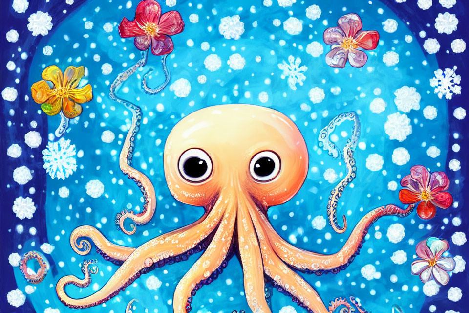 Colorful Octopus Illustration with Flowers and Bubbles on Blue Starry Background