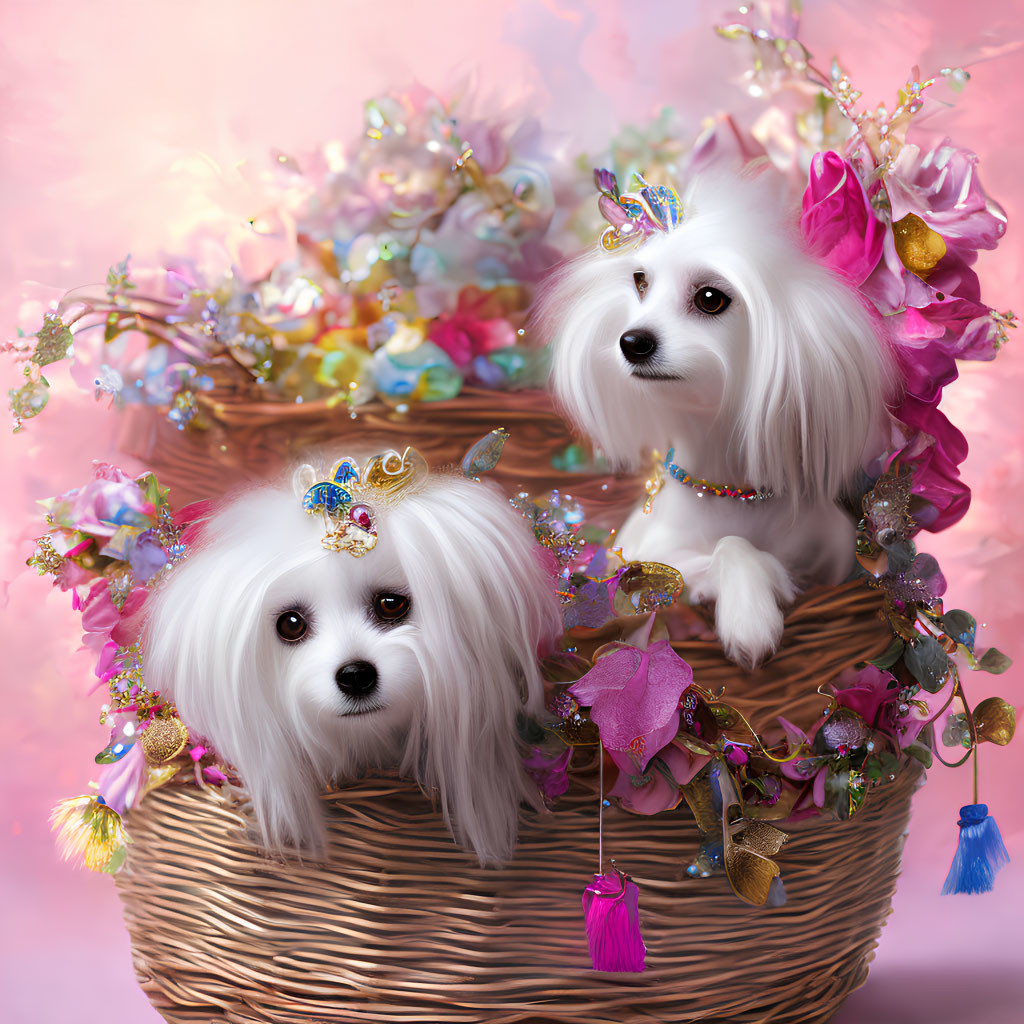 Fluffy dogs in decorative headpieces in wicker basket with flowers and butterflies