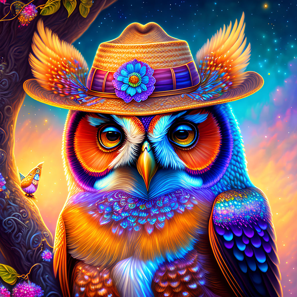 Colorful Stylized Owl with Straw Hat and Flower in Twilight Scene