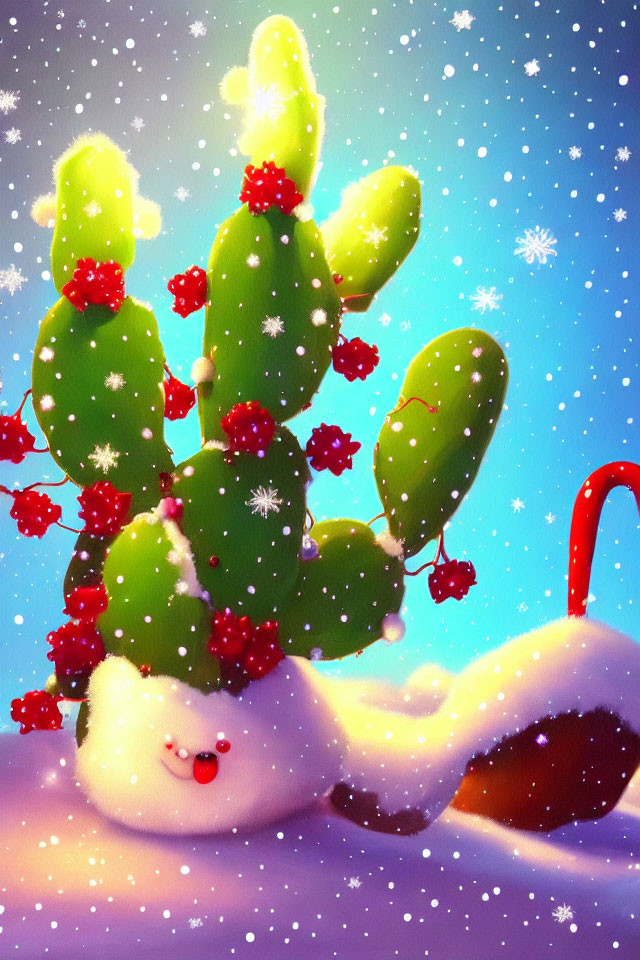 Smiling cactus with red berries and snowflakes in snowy landscape