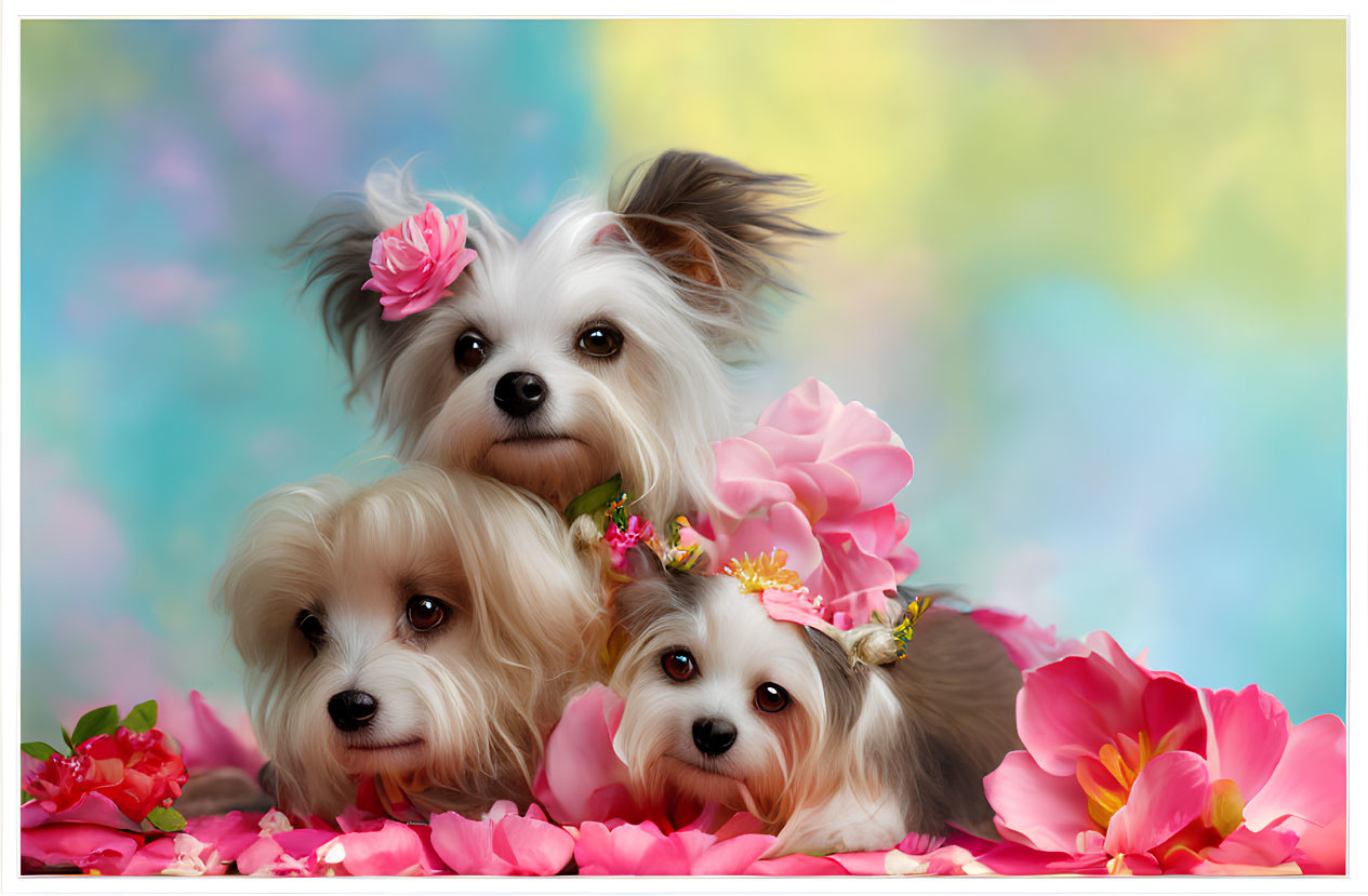 Three dogs with flowers on heads in pink blossoms on soft backdrop