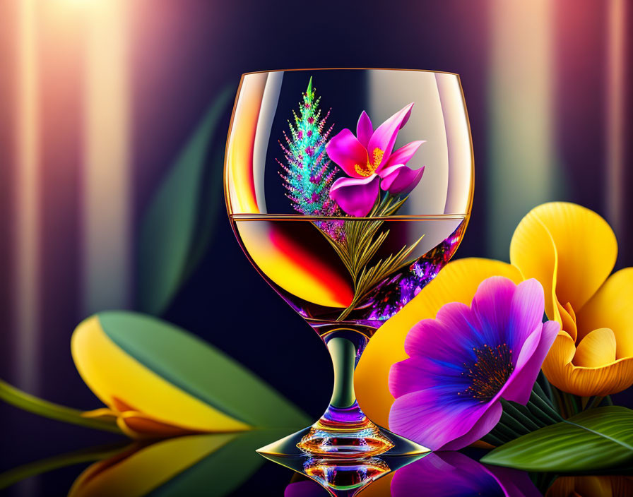 Colorful bouquet in wine glass surrounded by bright flowers on dark background