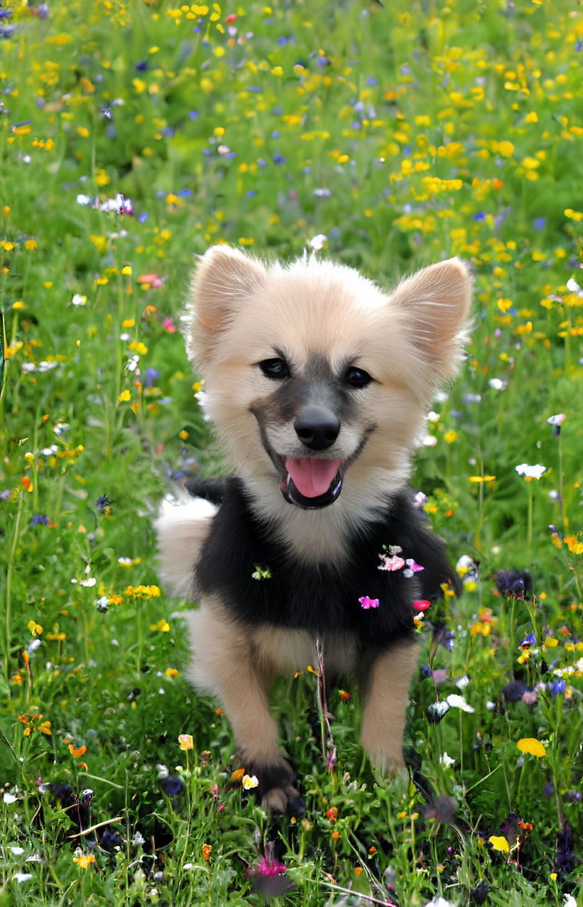 Smiling Corgi Among Colorful Wildflowers