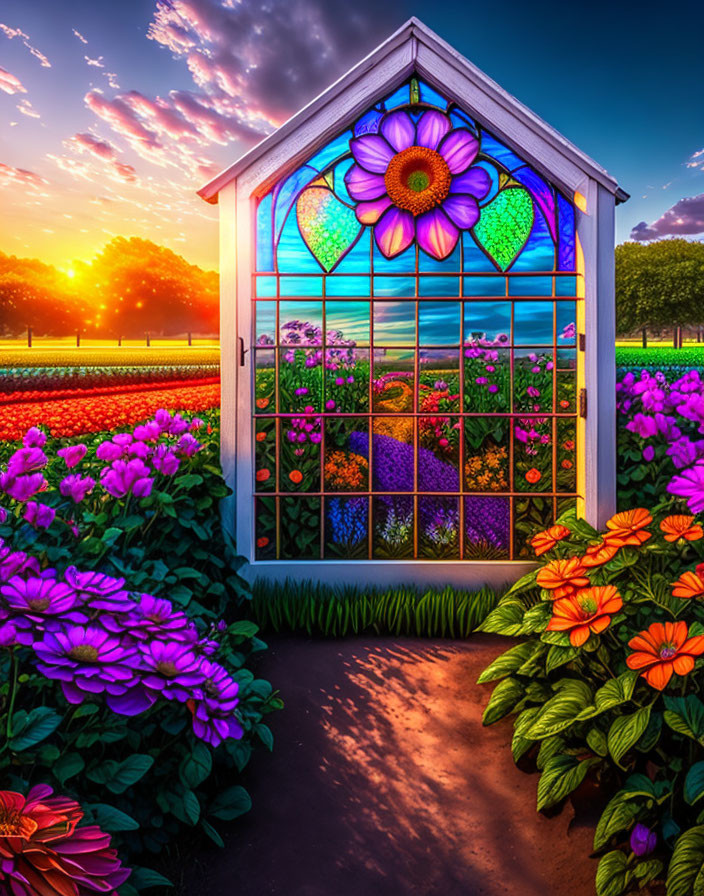 Colorful Garden Scene with Purple Flower Stained Glass Window at Sunset