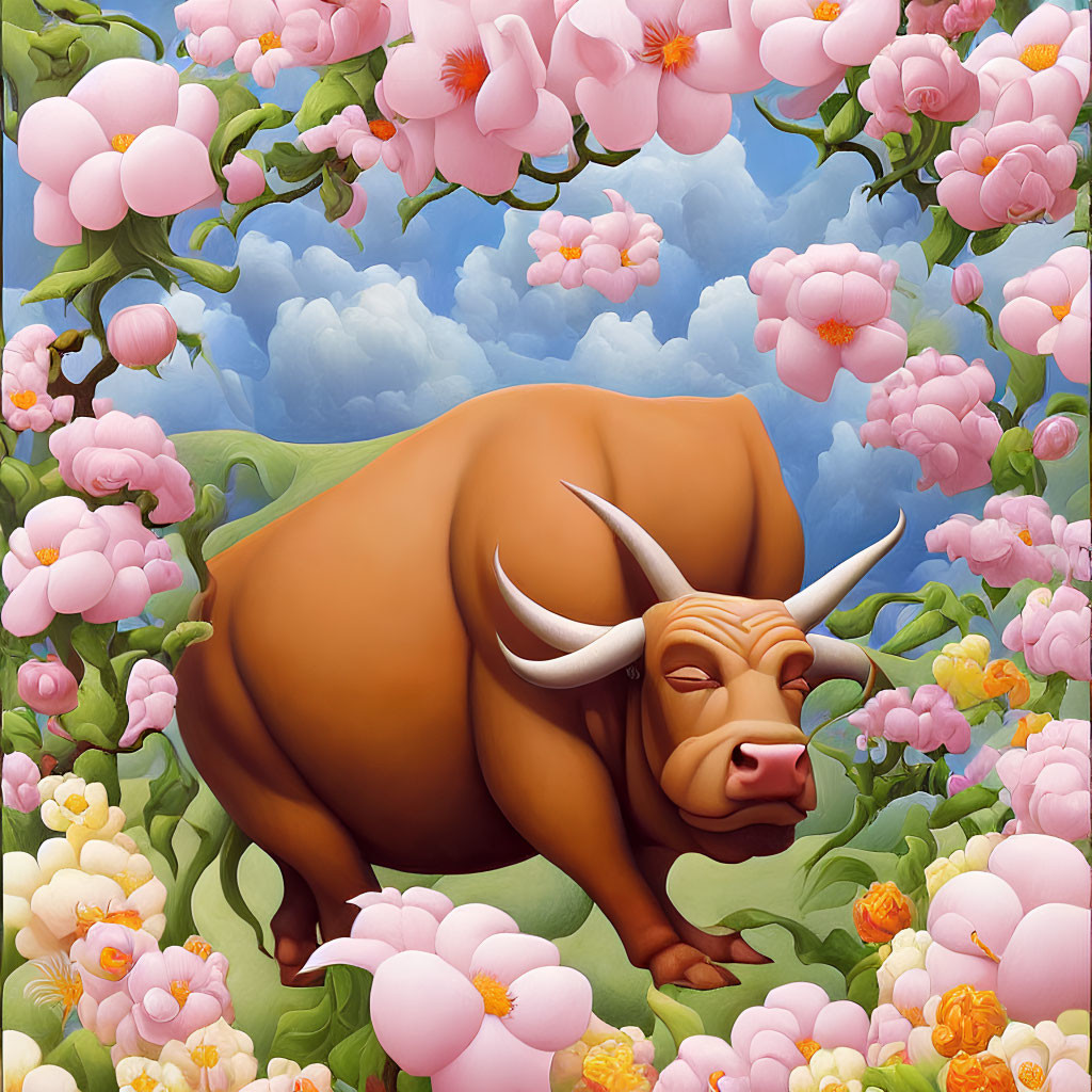 Stylized brown bull with pink flowers in nature setting