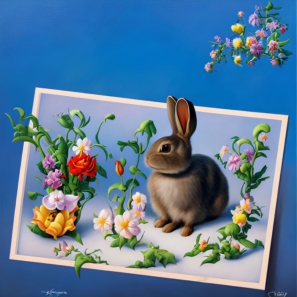 Realistic brown and white rabbit with colorful flowers on white canvas and deep blue background