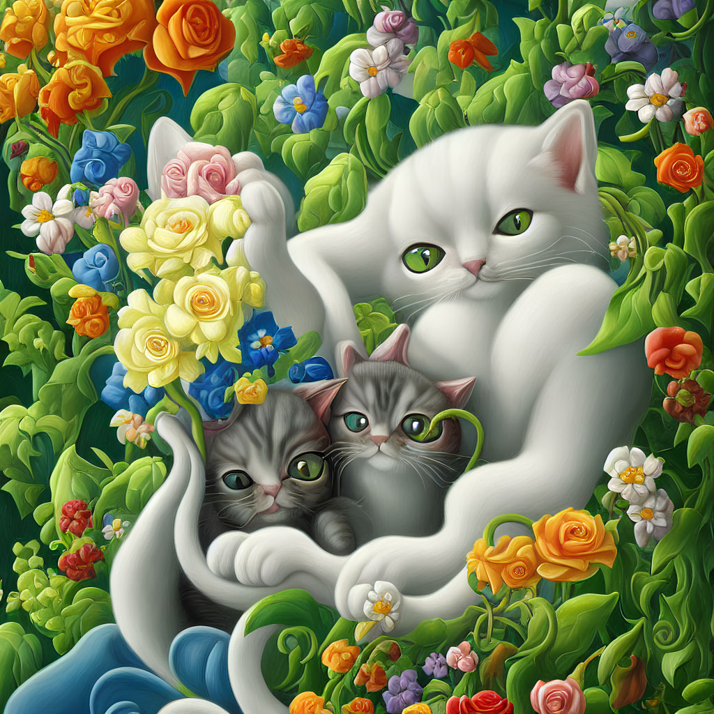 Colorful illustration: White cat with kittens among roses and foliage