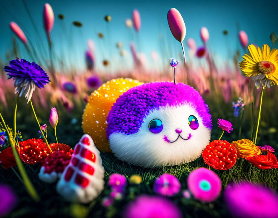 Colorful creature with big blue eyes in vibrant meadow with candy-like elements