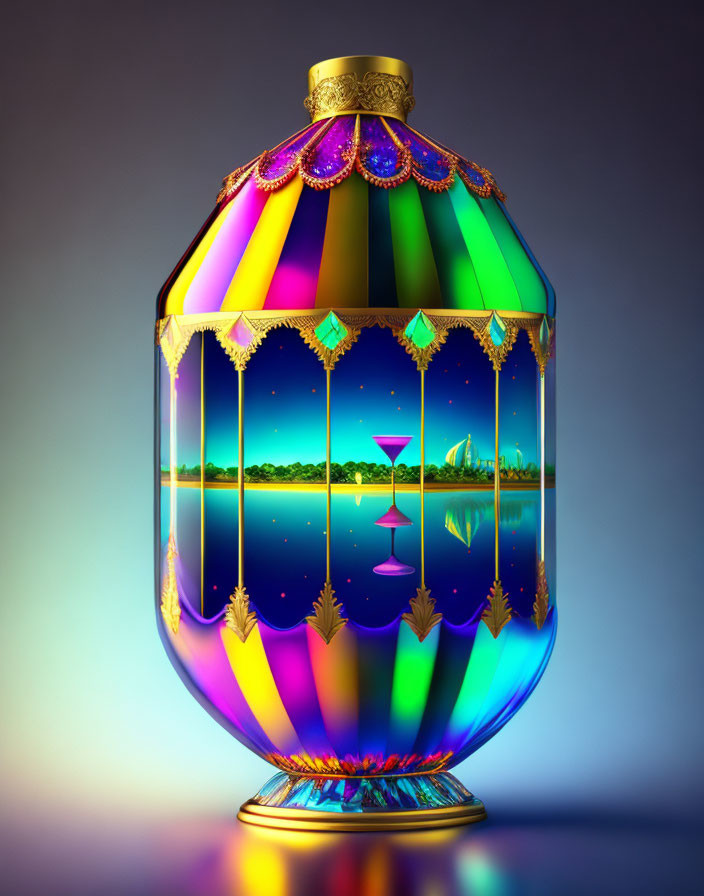 Colorful Glass Lantern with Landscape and Hourglass Reflections