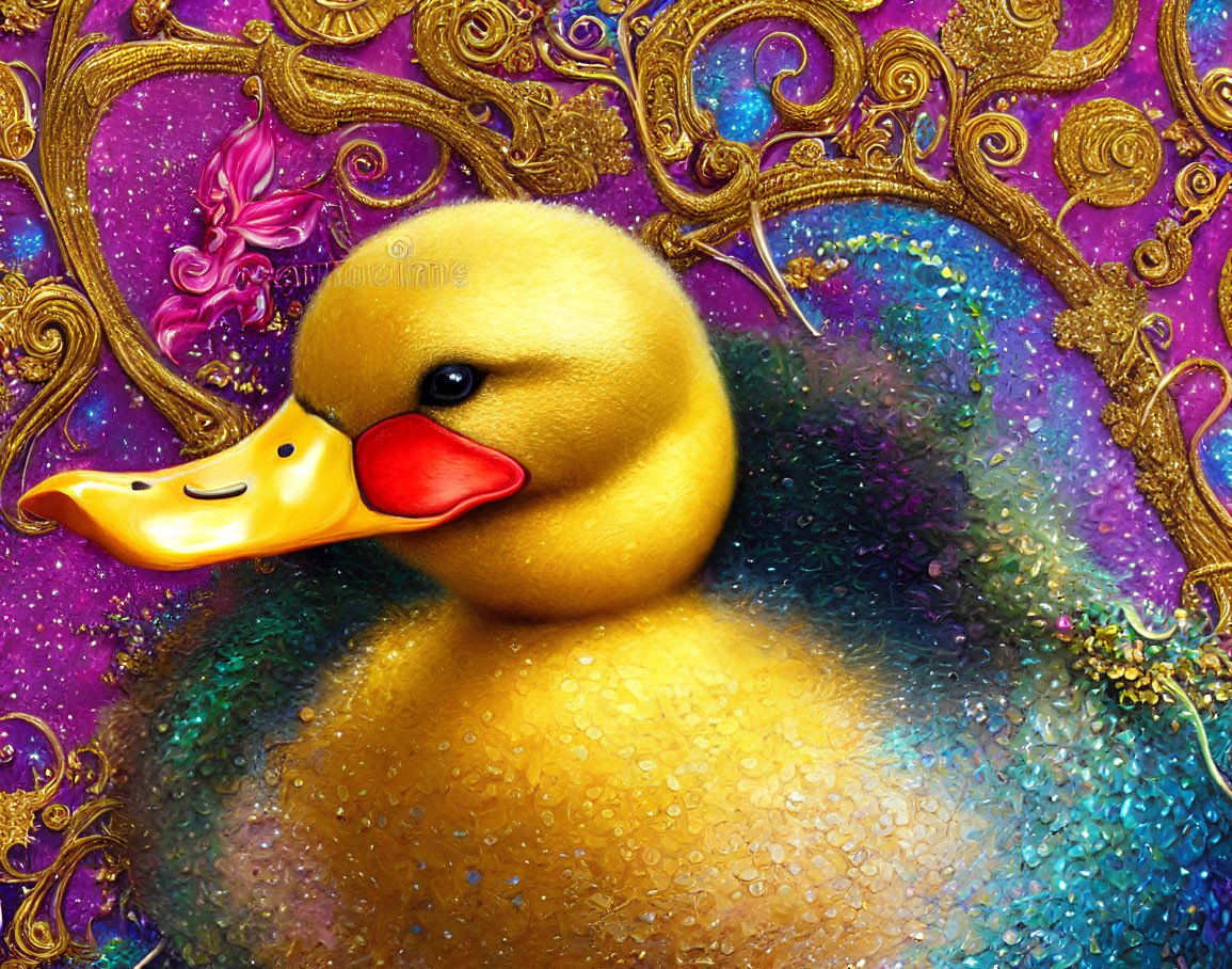 Whimsical rubber duck illustration on vibrant purple and gold backdrop