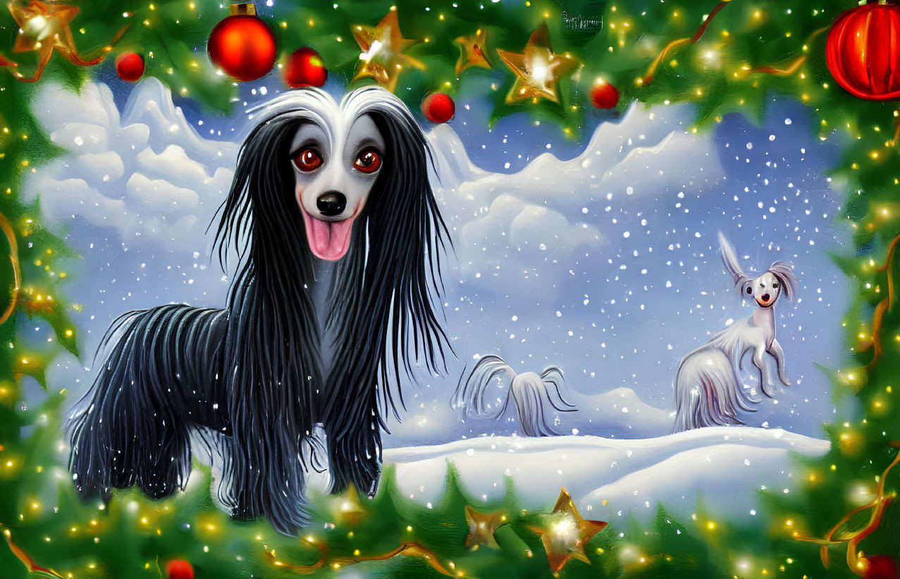 Whimsical Christmas illustration featuring dogs with human-like eyes