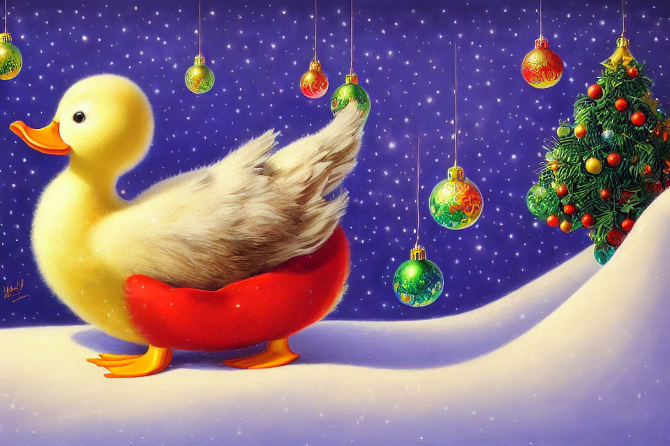 Cheerful duck in Santa hat in snowy Christmas scene