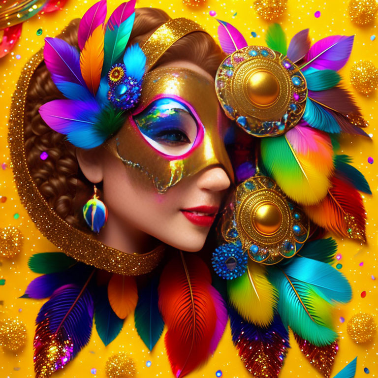 Colorful Carnival Makeup with Feathers and Ornaments