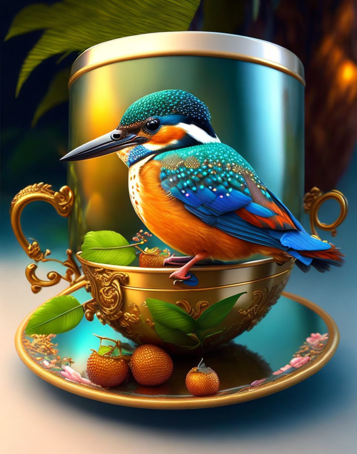 Colorful kingfisher on golden cup with greenery and berries against blue background