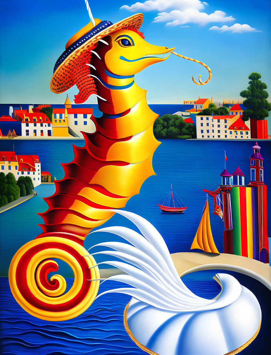 Colorful surreal seahorse painting with seaside town and sun