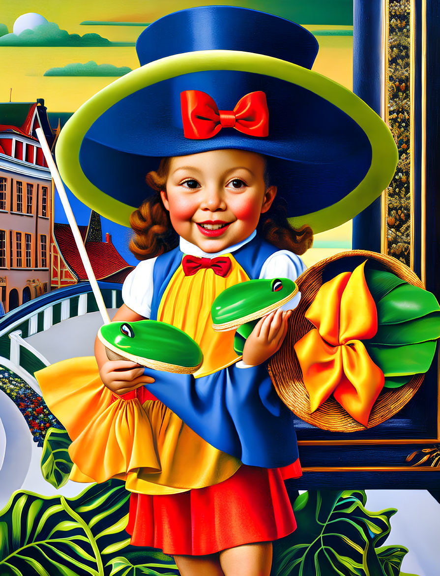 Colorful Illustration: Smiling Girl in Blue Hat with Toy Airplane