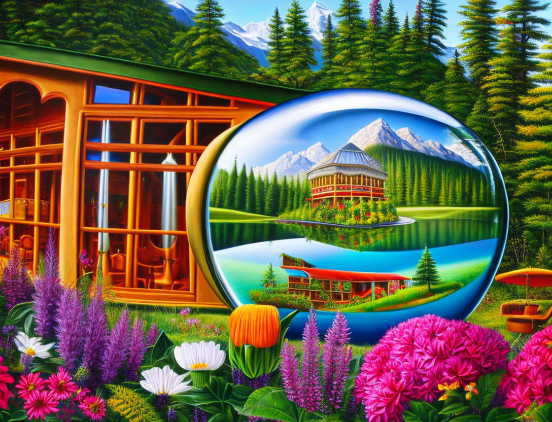 Colorful artwork of house in forest with crystal ball view of mountains.