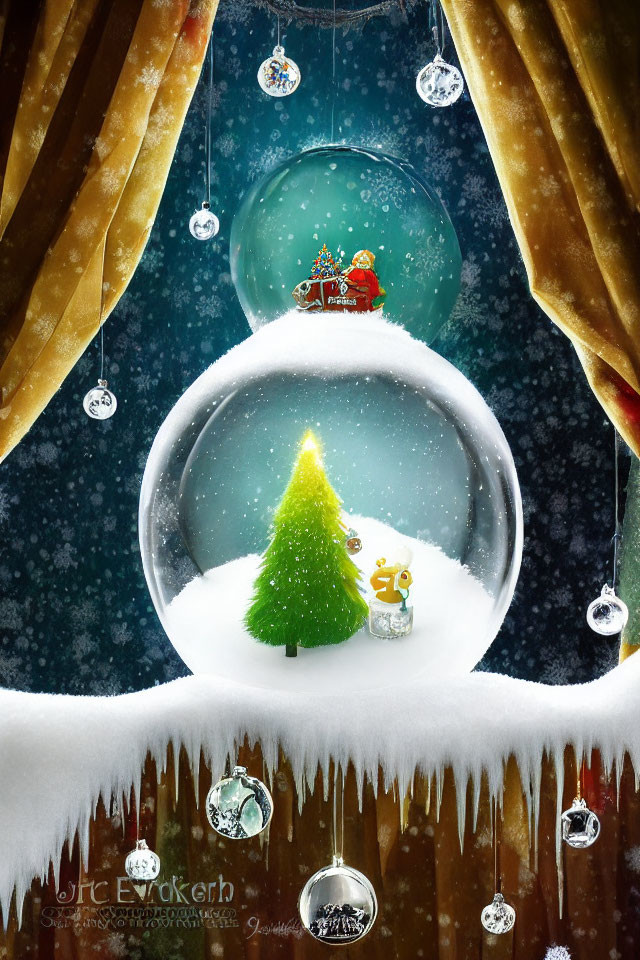 Snow Globe Winter Scene with Santa, Tree, and Snowman amid Falling Snow