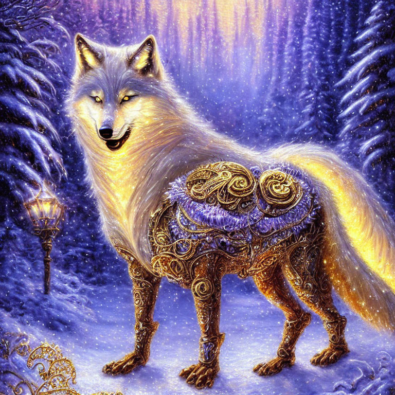 Majestic wolf with golden patterns in snowy enchanted forest