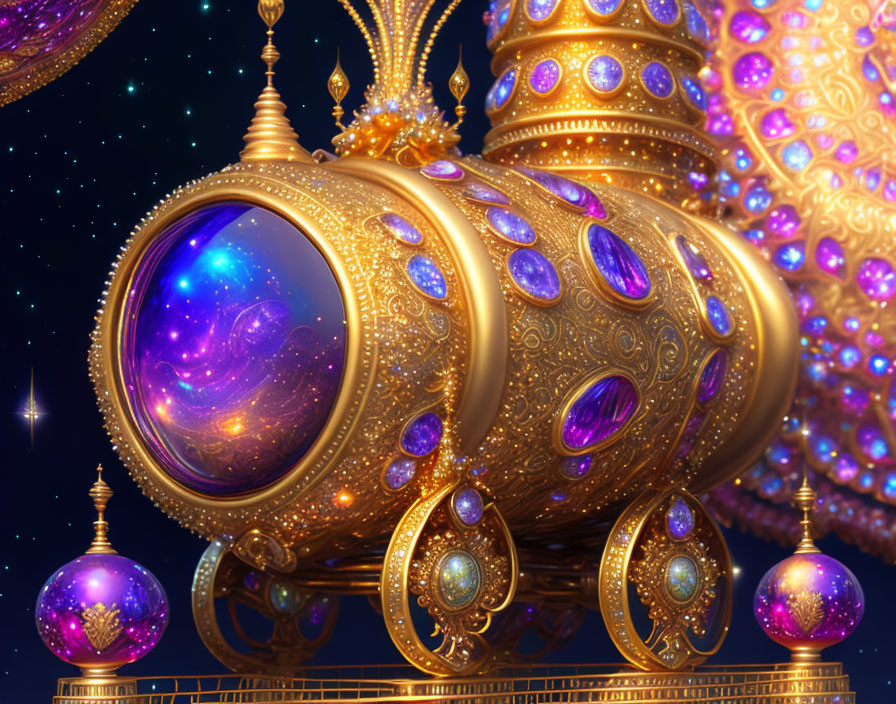 Golden telescope with purple gems in cosmic setting