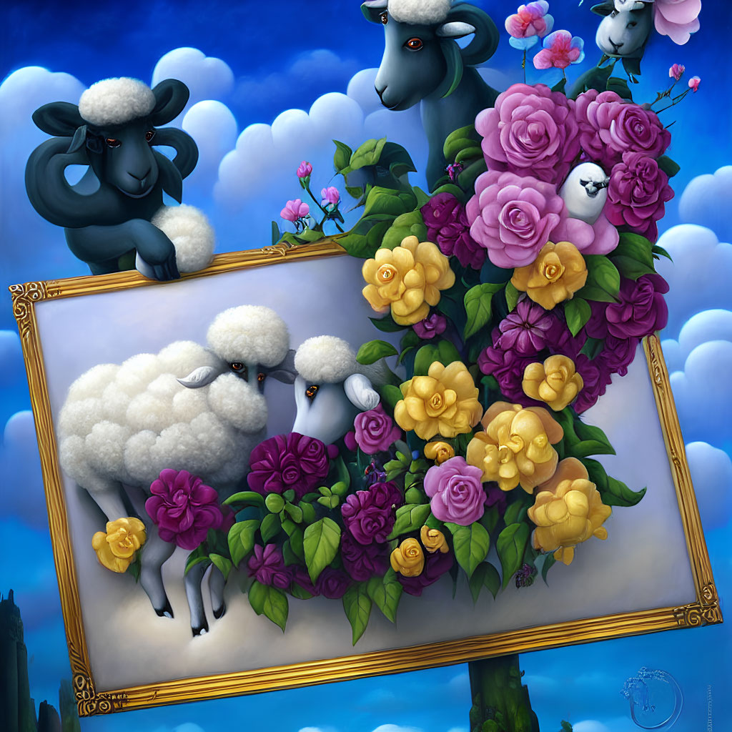 Colorful Flower Sheep Painting on Canvas with Surreal Blend of Real and Painted Sheep against Blue Sky