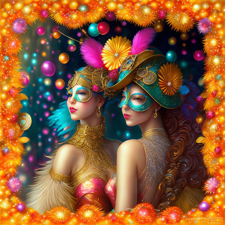 Two women in ornate carnival masks and costumes with feathers and gold accents in glowing bokeh light.