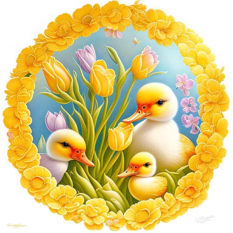 Ducklings with yellow and pink flowers in oval border