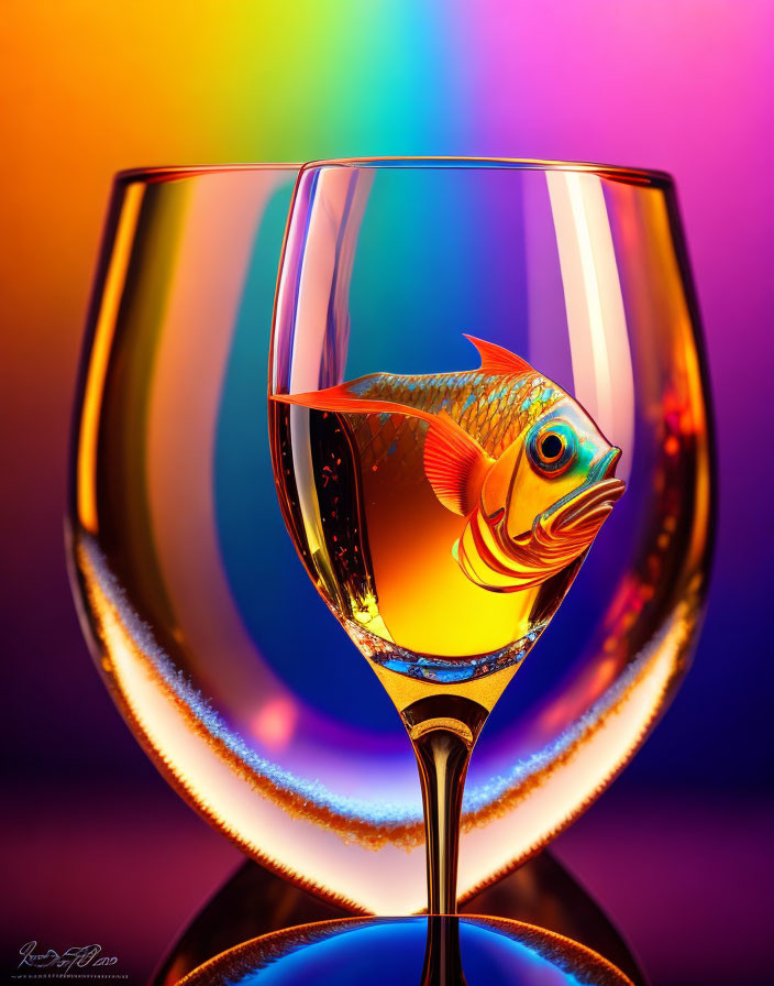 Colorful goldfish in wine glass on gradient background