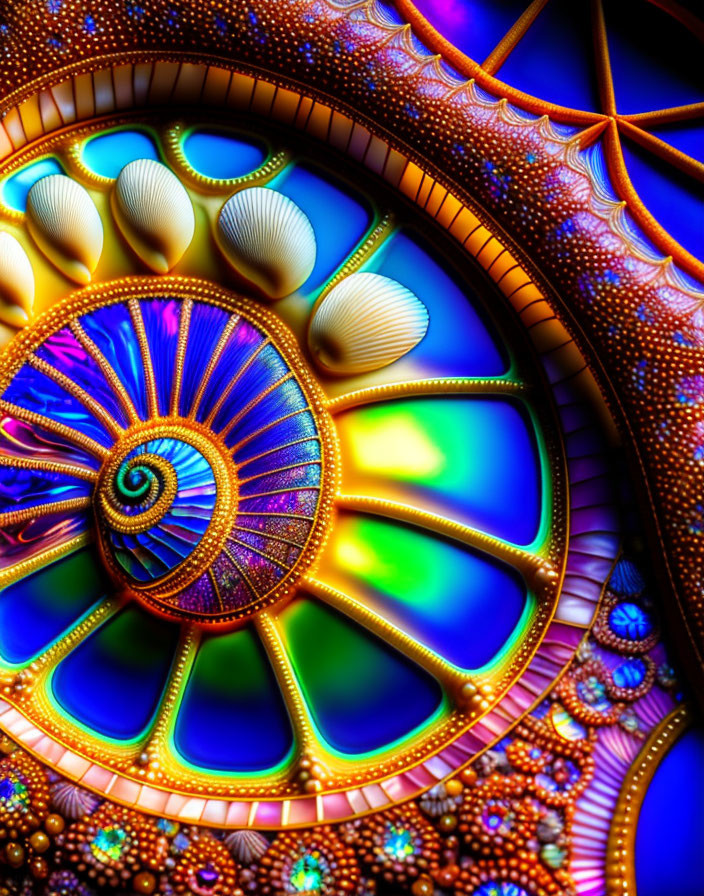 Colorful swirling fractal art with blue hues and shell-like elements on orange backdrop