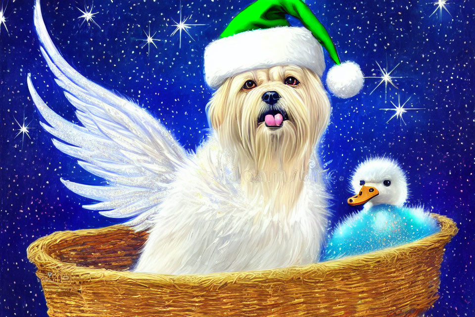 Small-winged dog and duckling in Santa hat together on starry background